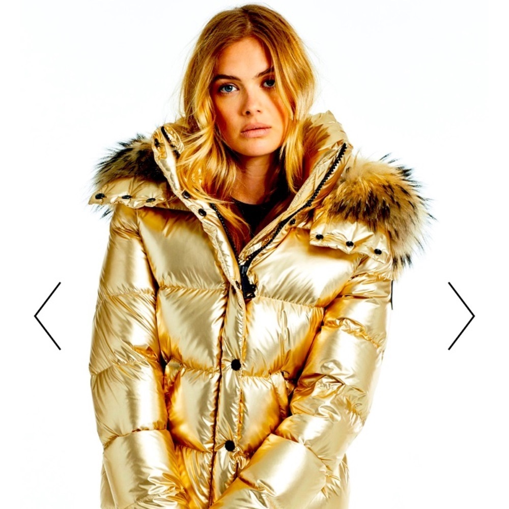 SAM. New York “Annabelle” Gold Puffer Jacket Fur Hood Brand New w/Tags $795 L